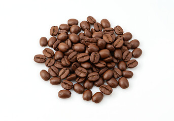 A close up of a pile of coffee beans on a white background showing the texture and rich brown color