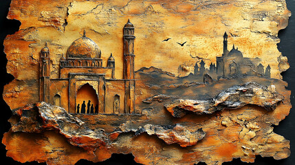 Intricate, textured artwork depicting a mosque scene in a desert landscape.  A sculpted effect creates a sense of depth and age, with warm, earthy tones