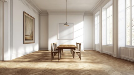 Sunlight in elegant dining room with wooden floor