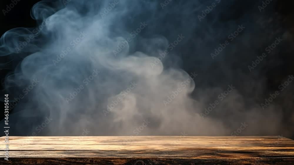 Poster mysterious swirling smoke on wooden table surface against dark background an ethereal atmosphere wit