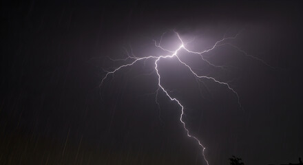 Electric Storm Displaying Powerful Lightning Bolt At Night Dark Sky