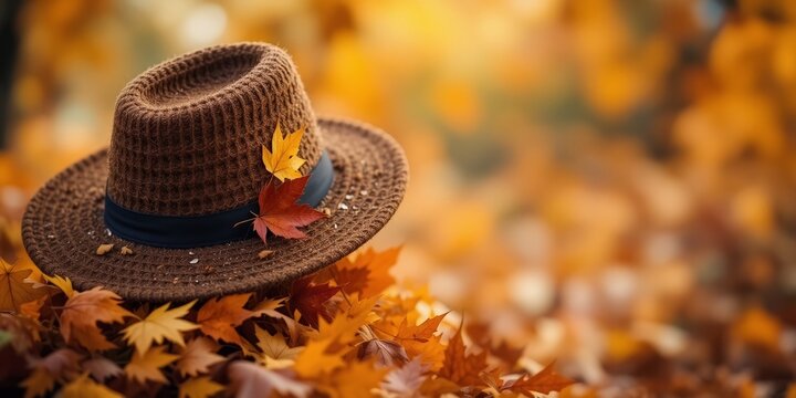Rustic Brown Hat Nestled Among Autumn Leaves