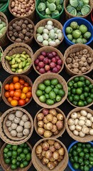 Top-Down View of Market Baskets Filled with Produce