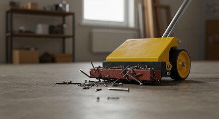 Close-up of a yellow magnetic sweeper with wheels efficiently collecting scattered metal nails and screws from a concrete floor in a workshop setting.