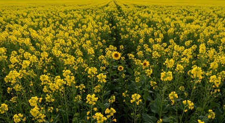 Obraz premium Blooming Yellow Canola Field and Sunflower Patch in Countryside