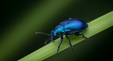 Fototapeta premium Blue Beetle Crawling on a Blade of Grass Closeup