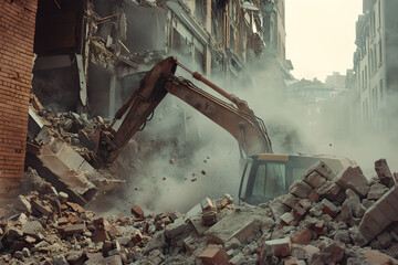 Fototapeta premium Industrial Excavator Demolishing Old Building Amidst Urban Ruins