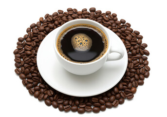 A cup of black coffee on a white saucer surrounded by roasted coffee beans on a white background view from above