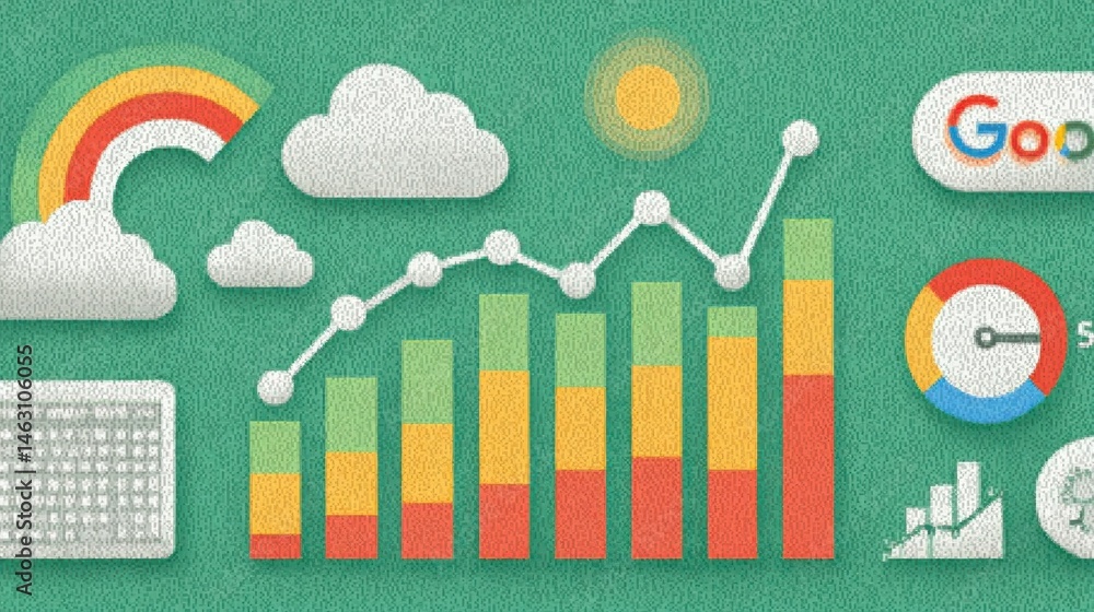 Poster colorful data visualization with charts, graphs, and a rainbow on a green background