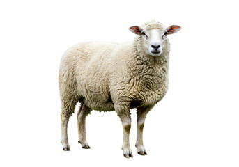 Obraz premium A full body shot of a sheep standing on a white background looking directly at the camera with wool