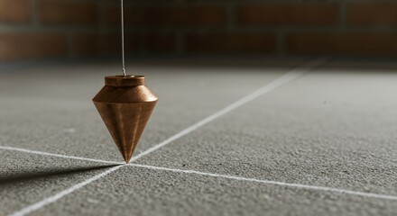 A copper plumb bob hangs suspended, its pointed tip precisely aligned with the intersection of white chalk lines on a textured concrete floor, with a brick wall in the background.