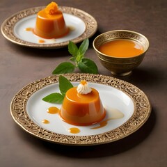 Flan with Caramel Sauce and Mint
