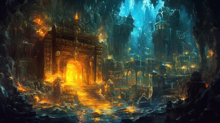 Fototapeta premium Enchanted cavern with glowing entrance and mystical ruins