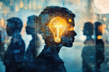 Abstract image showcasing a group of silhouettes with a glowing lightbulb symbolizing innovation and collaborative thinking.