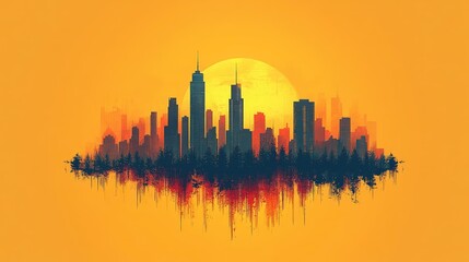 Obraz premium Cityscape silhouette against a vibrant sunset backdrop. A stylized city with a mirrored reflection on an orange background
