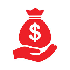 Hand holding money bag icon, financial aid symbol, funding donation vector, red silhouette business finance illustration, money support logo, dollar investment aid, charity assistance graphic
