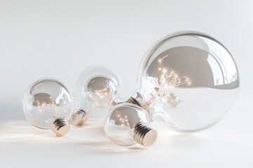 Four clear glass lightbulbs of varying sizes lay on a white surface with a clean, minimalist design.