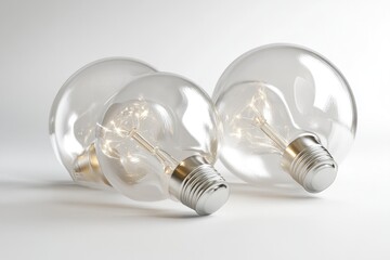 Two clear light bulbs lying on a white surface, displaying the filaments with focus.