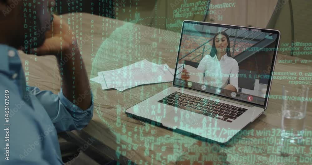 Poster man leaning on hand joining cybersecurity call on laptop, showing animated code and globe overlay