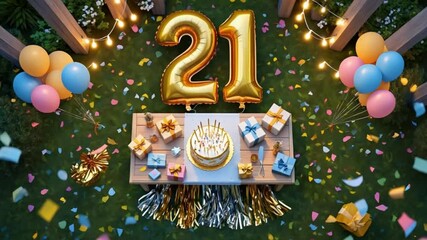 Festive 21st Birthday Celebration: Balloons, Gifts, and Cake