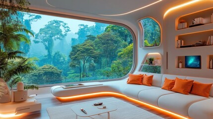 Fototapeta premium Modern living room with large window showcasing lush forest view