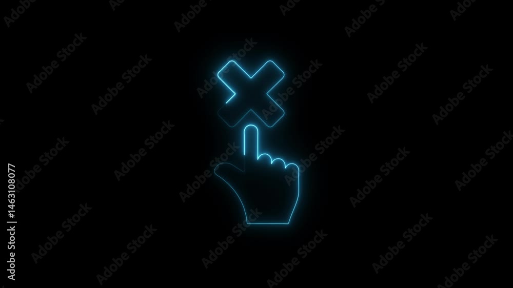 Poster neon hand cursor clicking x mark button on black background digital animation