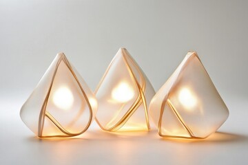 Three illuminated pyramidal lamps with a warm, modern aesthetic rest on a white surface.
