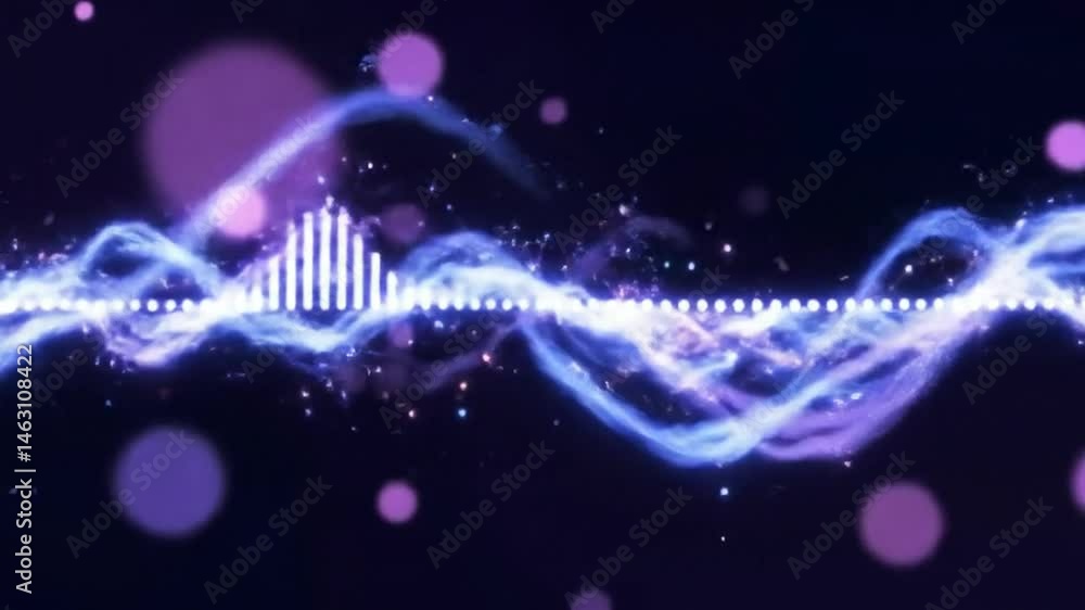 Poster abstract animated sound wave visualizer with glowing particles and purple bokeh