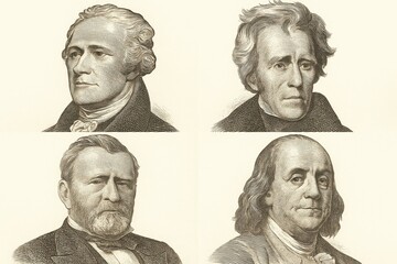 Four historic male figures on currency: diverse portrait engravings