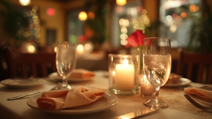 Romantic dinner table with candlelight and fine china, evoking timeless love and elegance
