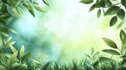 Fototapeta premium Lush green foliage with sunlight filtering through. Verdant leaves and grass create a tranquil, natural background, evoking a sense of calm and the outdoors