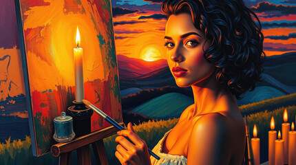 Woman painting sunset landscape with candles in background
