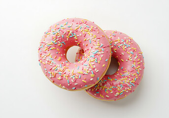 Two pink donuts with colorful sprinkles on a white background close up and studio shot overhead view