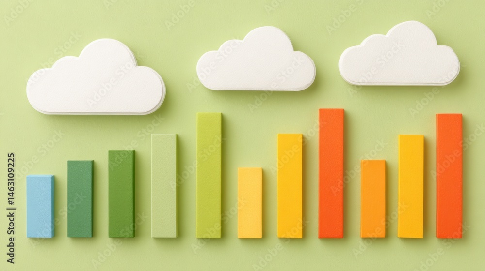 Poster colorful wooden bar chart and cloud shapes representing data and statistics