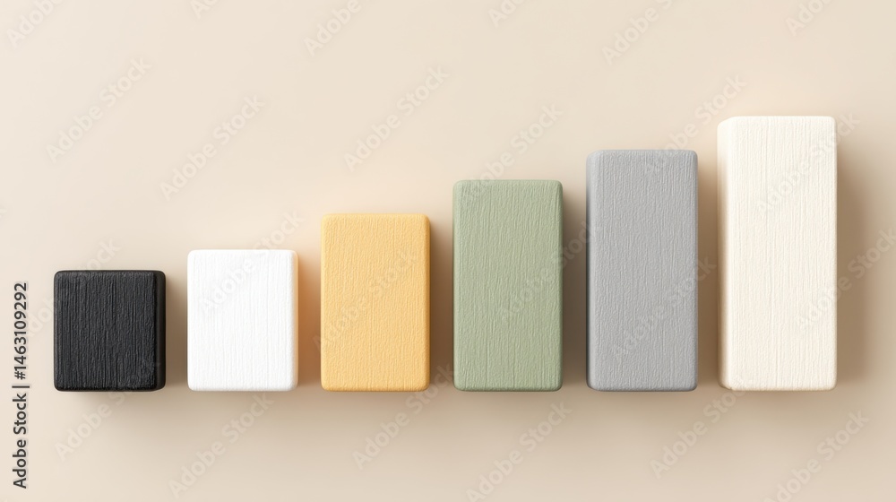 Poster colorful wooden blocks arranged in a rising bar graph on a neutral background.