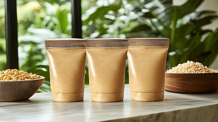 Fototapeta premium Three containers of creamy nut butter displayed on a marble countertop surrounded by ingredients