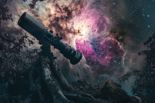 Telescope points to a vibrant nebula in the night sky, amidst dark foliage and starry background.