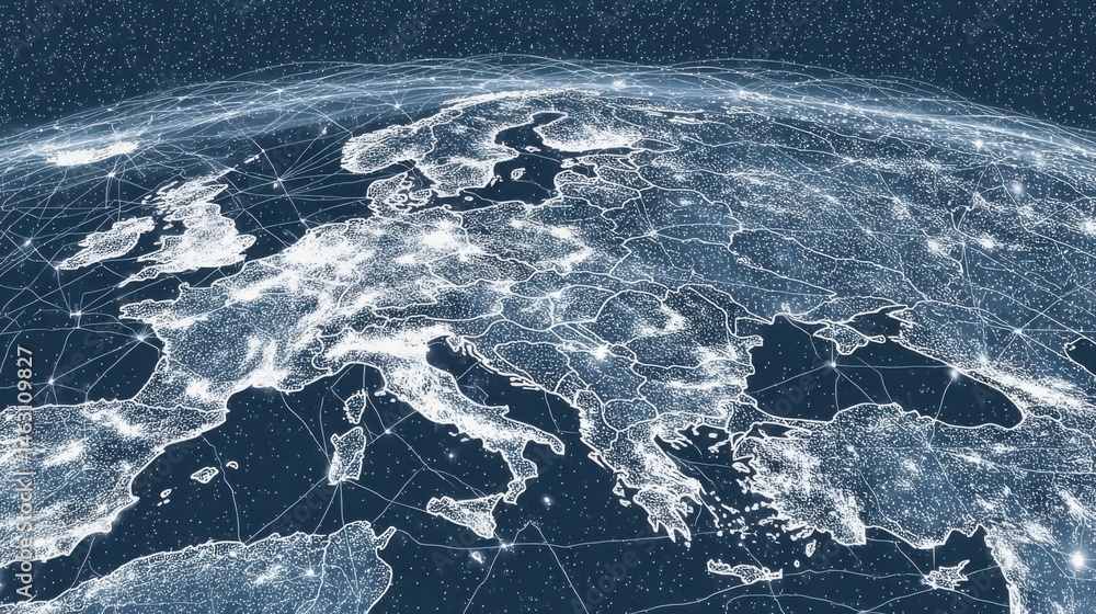 Poster Conceptual visualization of global network connecting Europe at night with lights.