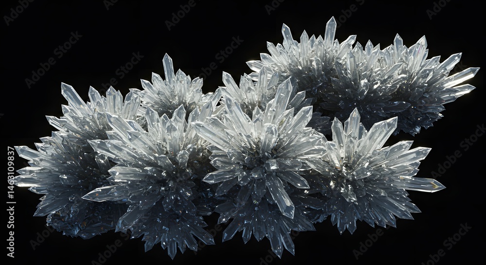 Poster a cluster of translucent crystals with sharp points against a dark black background in close up view