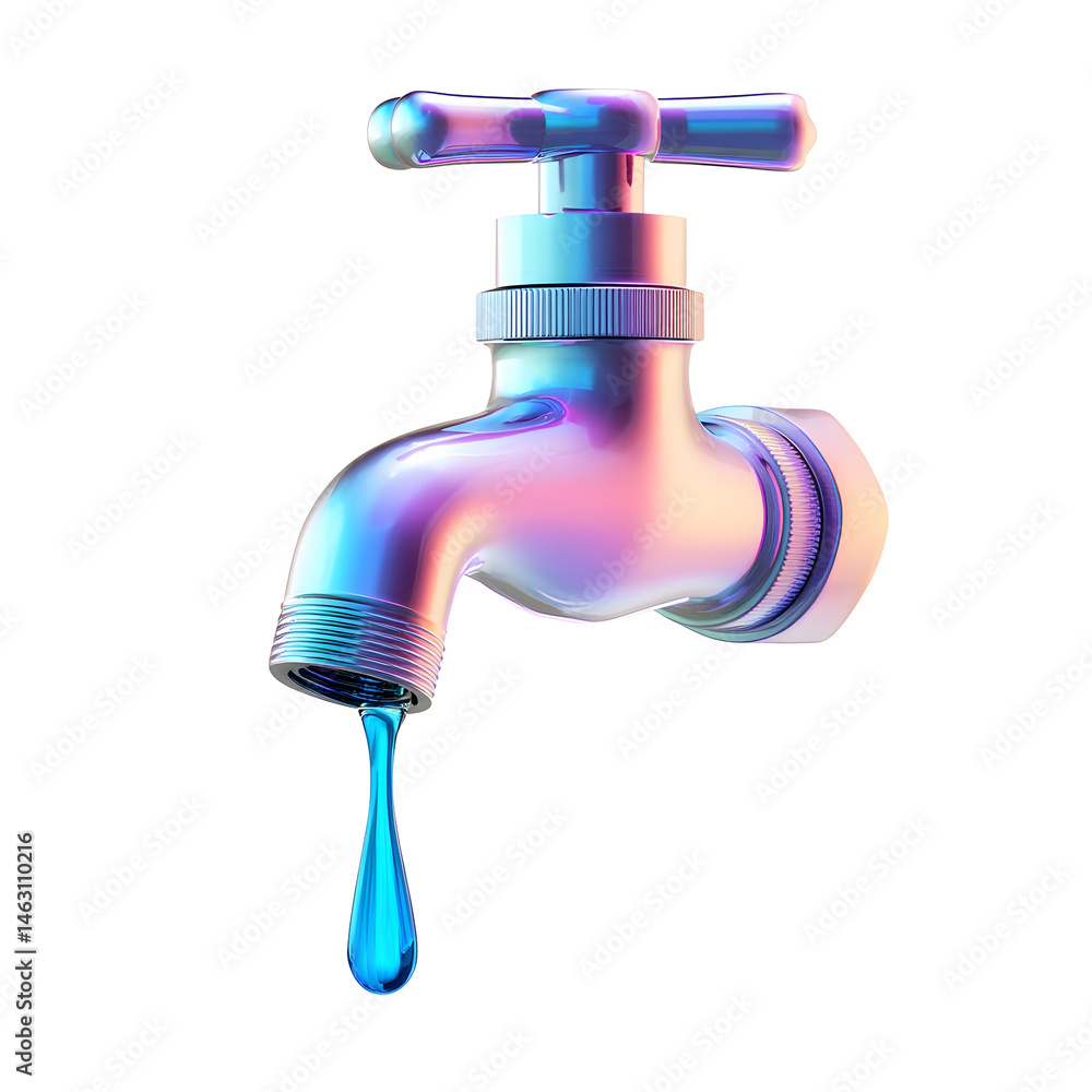 Poster bright pastel 3d render of a shiny metallic tap with a single iridescent blue tinted drop of water h