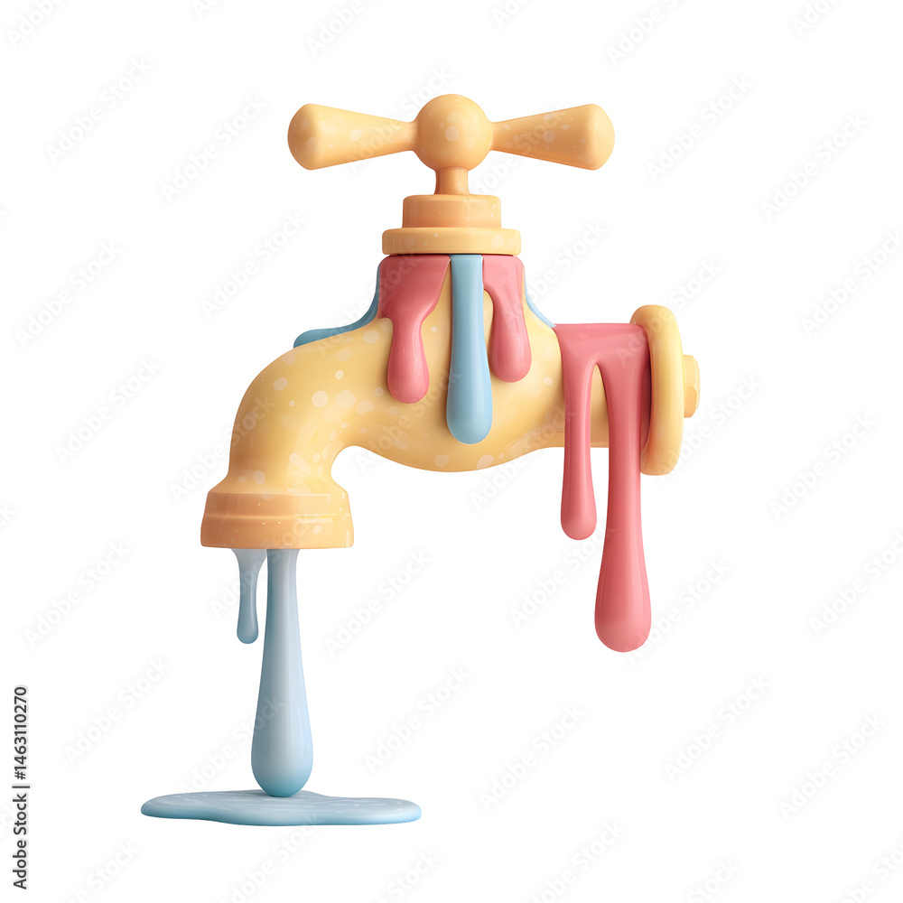 Poster vibrant 3d pastel colored depicting a playful abstract faucet fixture with flowing water droplets ag