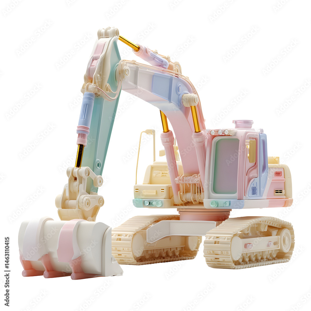 Poster a digitally rendered 3d model of a colorful pastel toned backhoe construction equipment in a playful