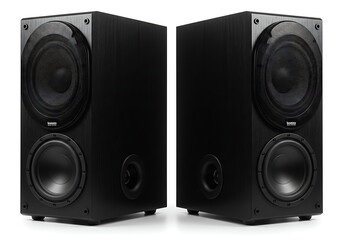 Fototapeta premium Two black sound system speakers standing side by side on a white background in a studio setting