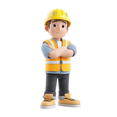 Vibrant 3D pastel of a confident construction worker wearing a yellow safety helmet and protective vest standing with arms crossed in a casual friendly pose against a white background