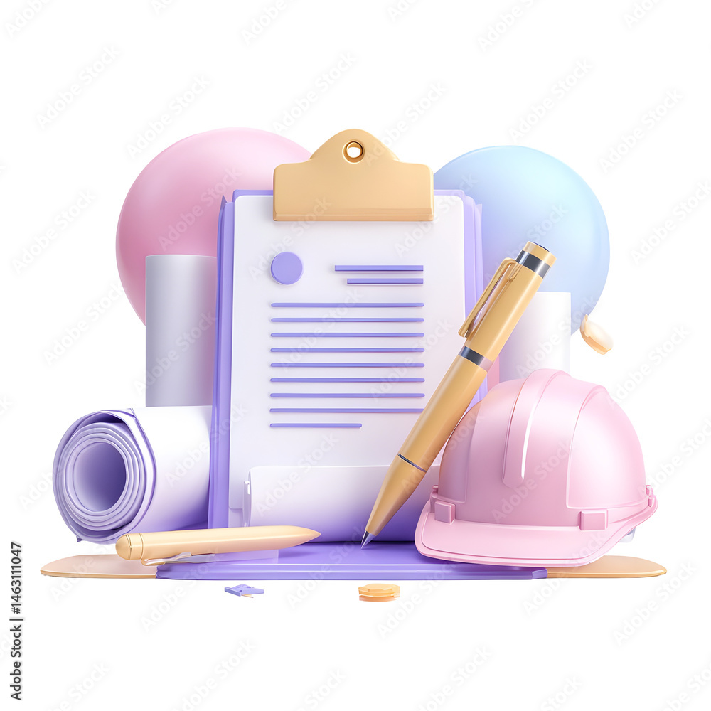 Poster 3D rendering of a construction agreement document with a pen clipboard and safety helmet on a minimalist pastel colored backdrop