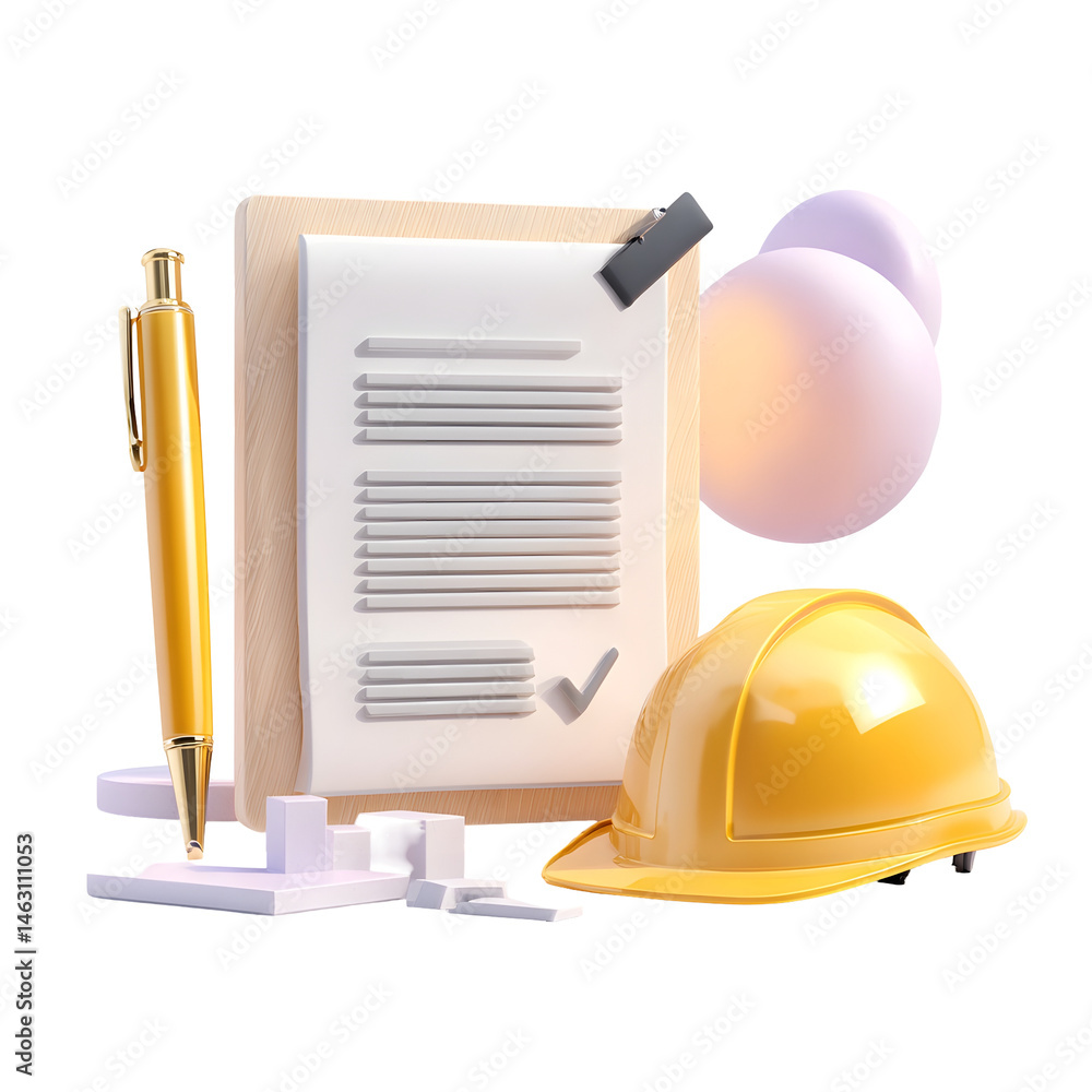 Aufkleber a pastel colored scene depicting a construction agreement document a safety helmet and a pen arrange