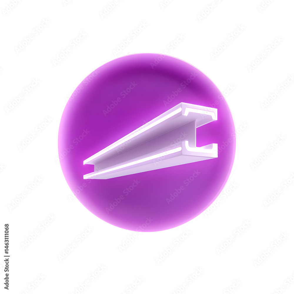 Poster A minimalist futuristic 3D rendering depicting a white architectural steel beam icon floating within a glowing purple circular frame against a plain white background