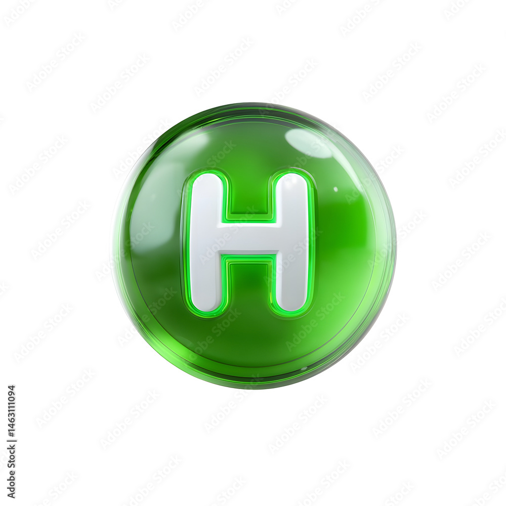 Aufkleber A 3D rendered green translucent bubble with a glowing white H beam icon seeming to float above a plain white background conveying a minimalist and industrial aesthetic