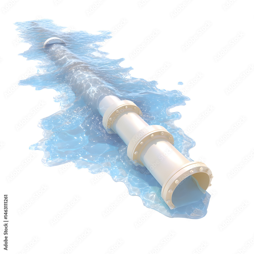Poster a whimsical 3d rendering of a pastel colored drainage pipe gently flowing above tranquil water creat