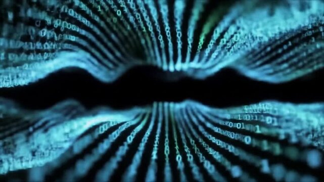Abstract Digital Waves with Binary Code Flowing Across the Screen